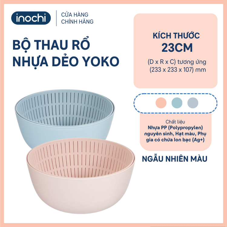 Bộ thau rổ đa năng Inochi - Yoko 23 cm màu Xanh/Hồng/Ghi
