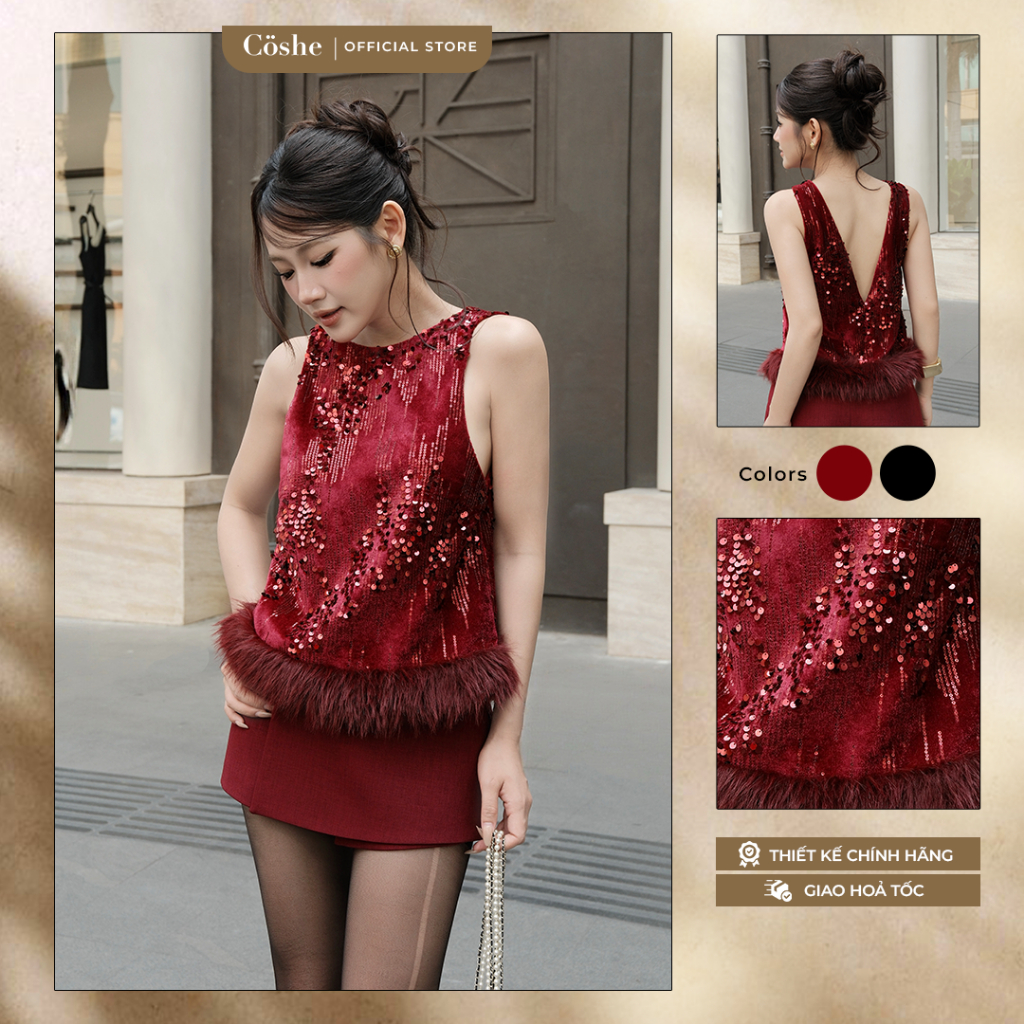 COSHE DAZZLE TOP, áo nhung kim sa ánh lấp lánh dự tiệc tối