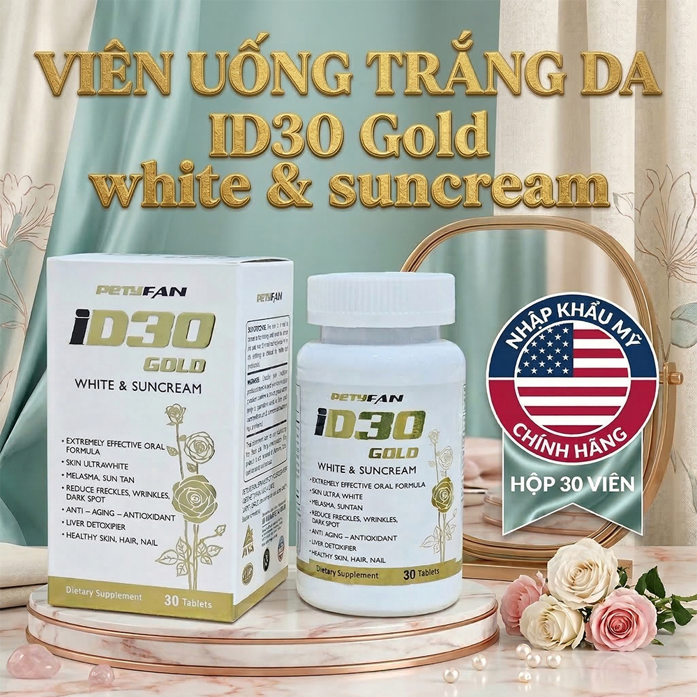 Viên uống ID30 Gold White & Suncream - Sáng Da, Chống Nắng, Giảm Nám Chống Lão Hóa, Hộp 30 Viên