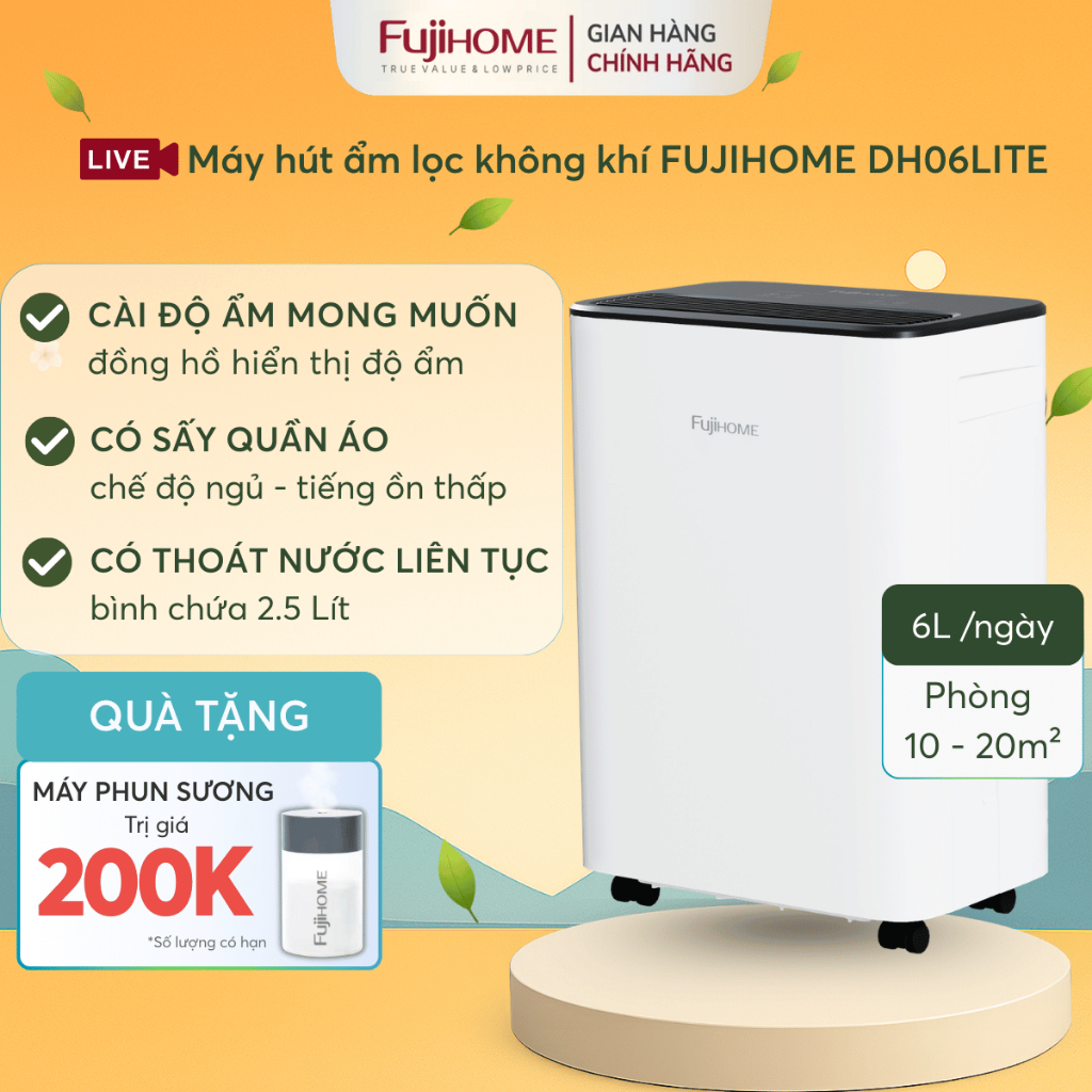 Máy hút ẩm gia đình 6L phòng 10-16m² chạy êm, Nhập Khẩu FUJIHOME DH06LITE Eco-Lite tiết kiệm điện