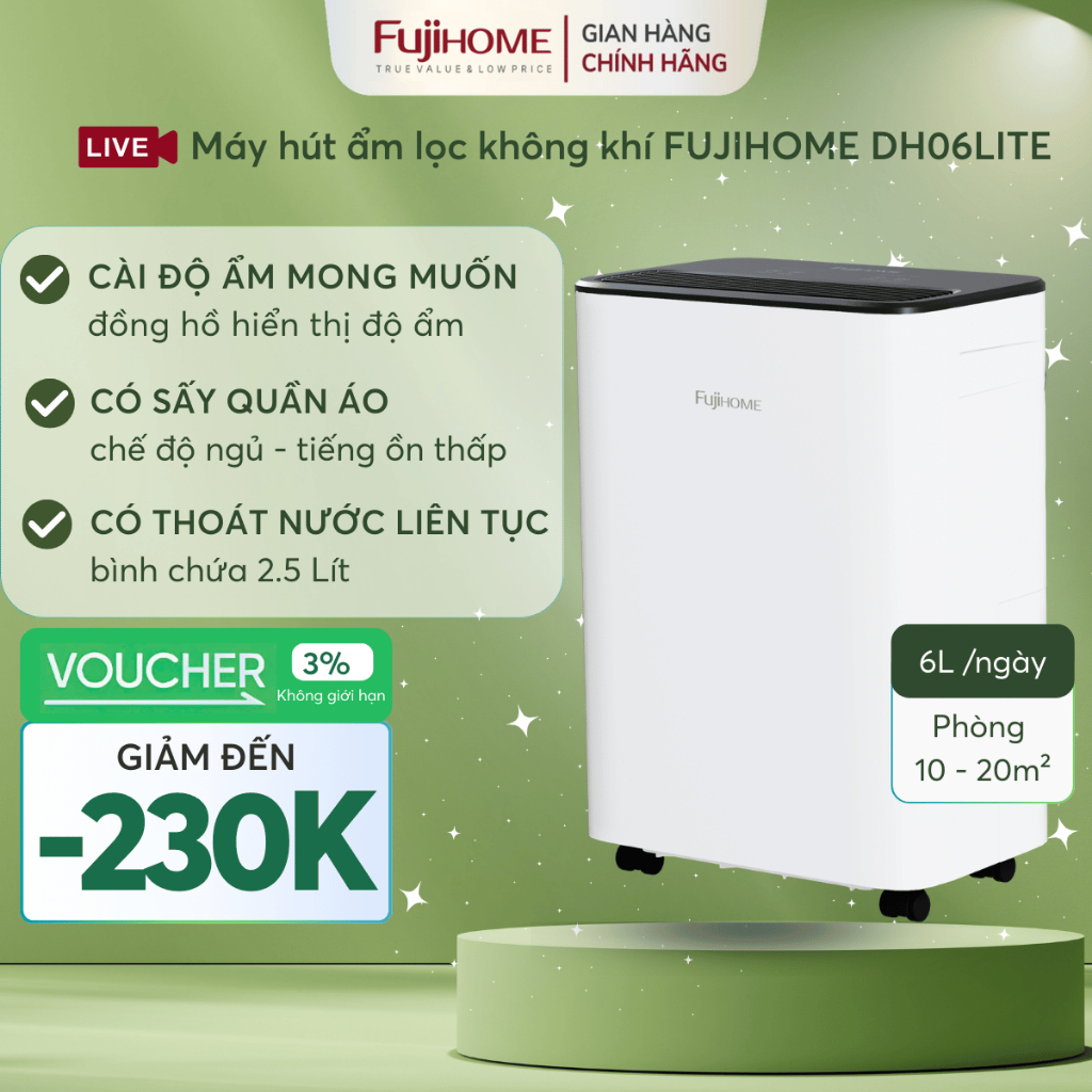 Máy hút ẩm nhỏ gọn dung tích 6L Nhập Khẩu FUJIHOME DH06LITE cho phòng nhỏ 10-16m² tiết kiệm điện