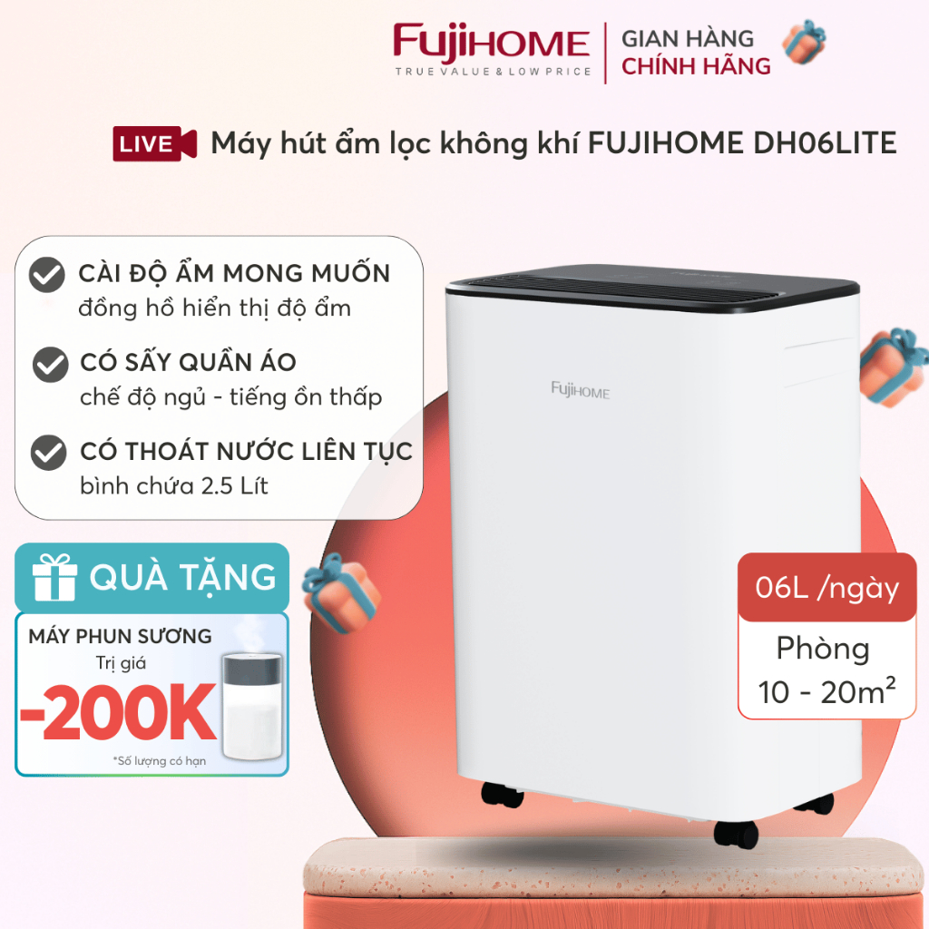 Máy hút ẩm dung tích 6L Nhập Khẩu FUJIHOME DH06LITE cho phòng nhỏ 10-16m², chạy êm tiết kiệm điện