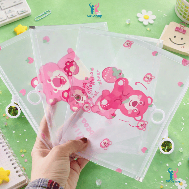 Set 2 Túi đựng bút gấu dâu lotso khóa zip kích thước B6 đồ dùng học tập văn phòng phẩm làm quà tặng 