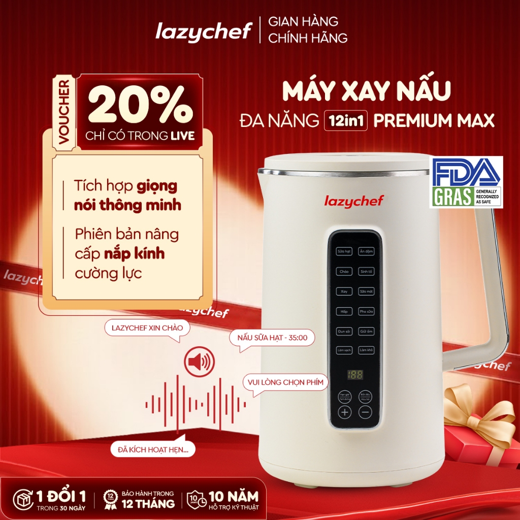 Máy Làm Sữa Hạt 12in1 Lazychef Dòng Premium 1200ml, Nắp Thủy Tinh - Màu Kem