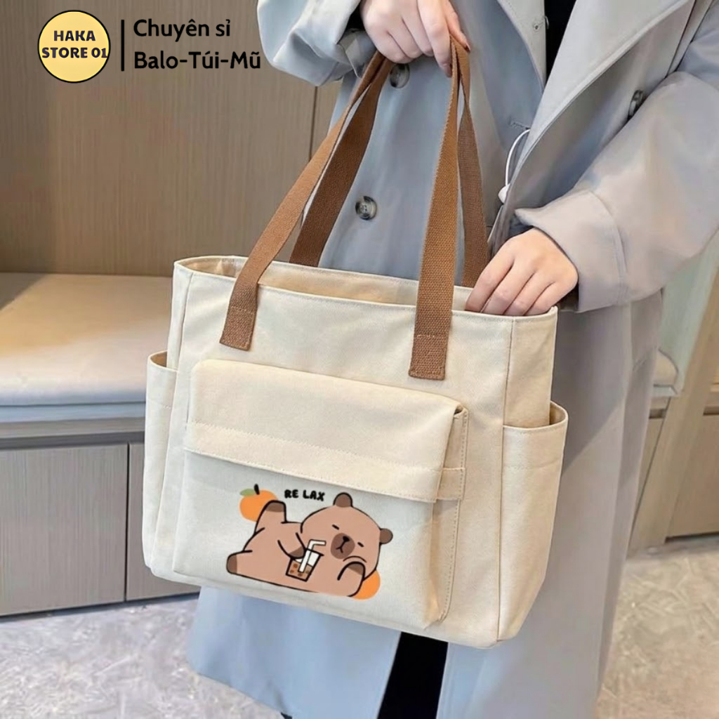 Túi tote túi vải 2 lớp dày dặn canvas phong cách Hàn quốc, có khóa miệng ngăn phụ bên trong thời trang ulzzang