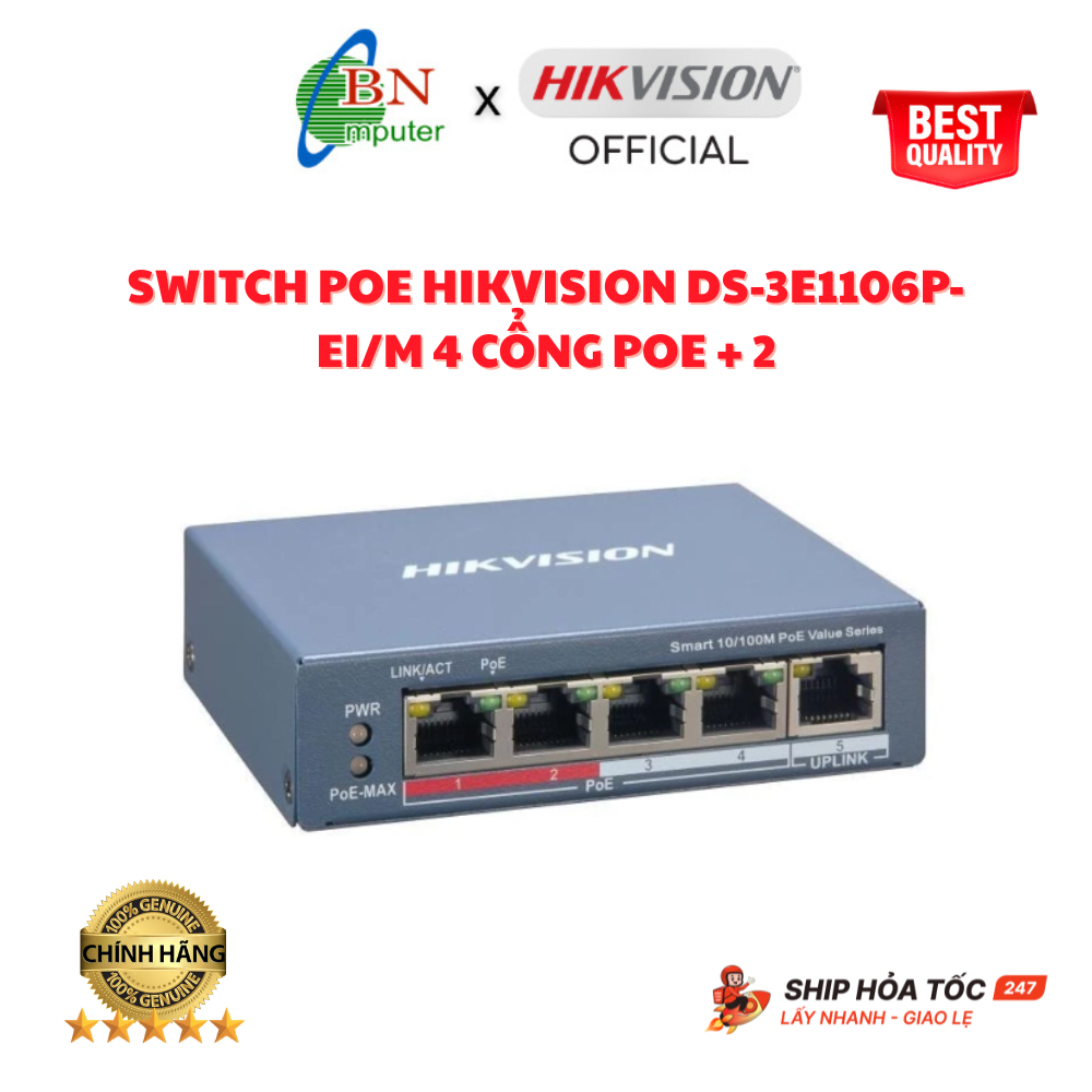 Switch mạng 4 cổng POE Hikvision DS-3E1106P-EI/M  4 cổng POE + 2
