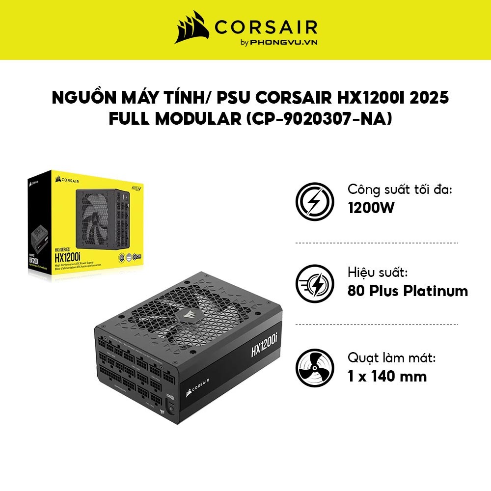 Nguồn máy tính Corsair HX1200i 2025 1200W - Platinum - Full Modular - Bảo hành 120 tháng