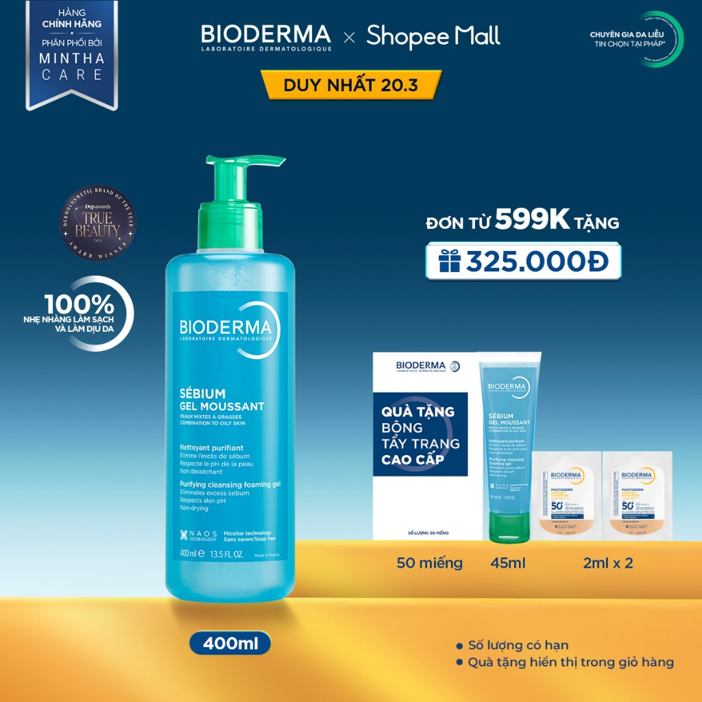 Gel rửa mặt tạo bọt, không chứa xà phòng Bioderma Sebium Gel Moussant - 400ml | BigBuy360 - bigbuy360.vn