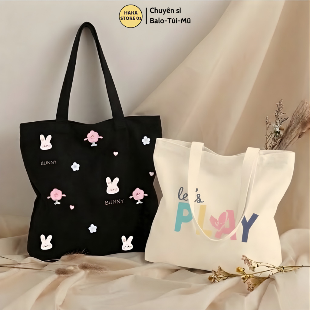 Túi tote túi vải canvas phong cách Hàn quốc có khóa miệng ngăn phụ bên trong thời trang ulzzang-Haka