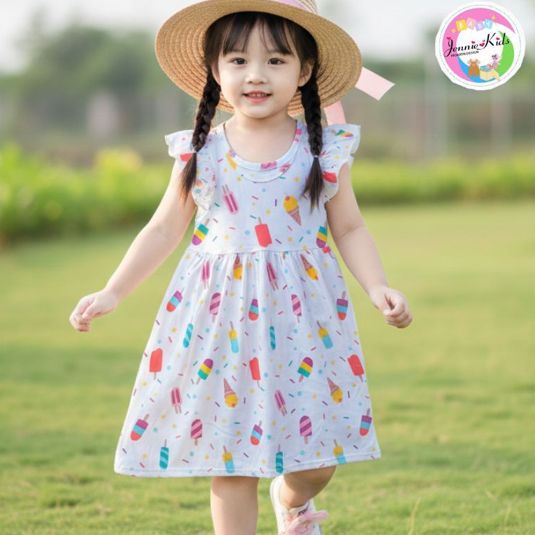 Đầm bé gái cotton hình hoạt hình dễ thương, tay bèo, mặc hè mát, size 2-6 tuổi, nhiều mẫu chọn J155