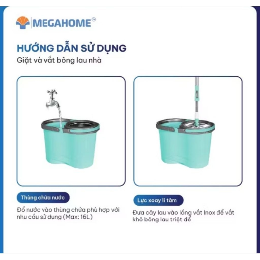 Bộ thùng lau nhà Megahome X3 New. gồm 1 thùng lau. 1 cây .2 bông lau
