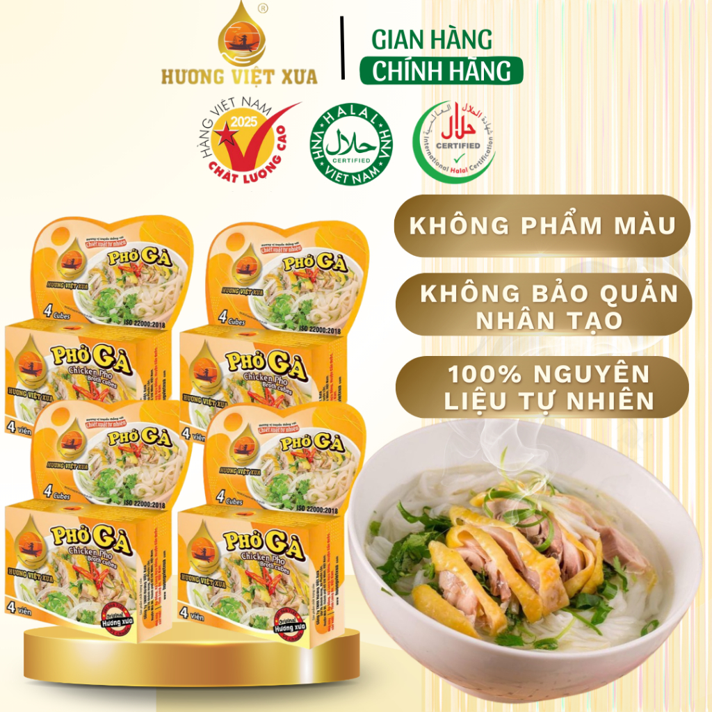 Combo 4 Hộp Viên Gia Vị Phở Gà Hương Việt Xưa 75 gram (1 Hộp 4 Viên) Viên Súp Nấu Phở Gà