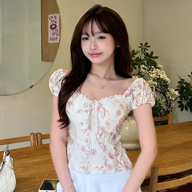 Áo Babydoll Nữ Vải Thô Linen Kiểu Tay Phồng Phối Nơ Ngực Tiểu Thư Mùa Hè Kimee Ma380