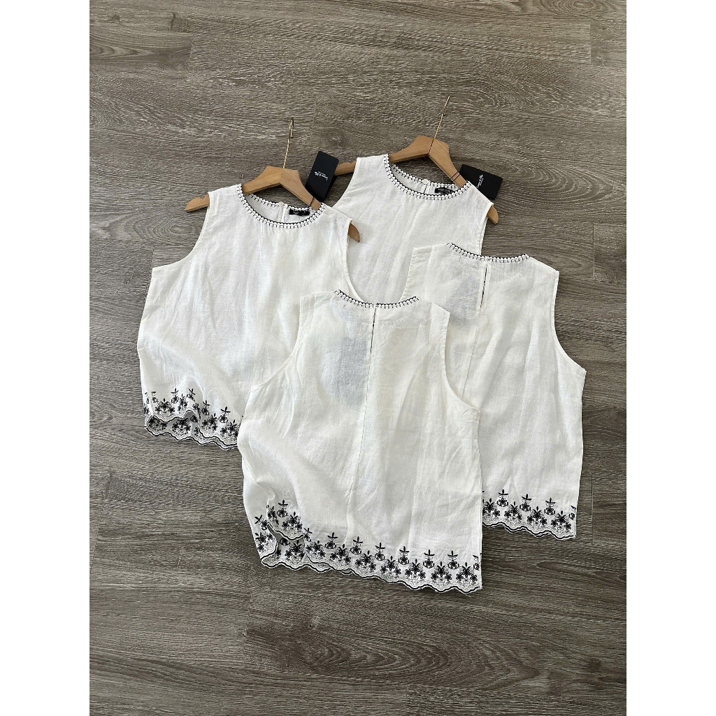 Áo linen tưng sát nách thêu hoa đen Linen&me