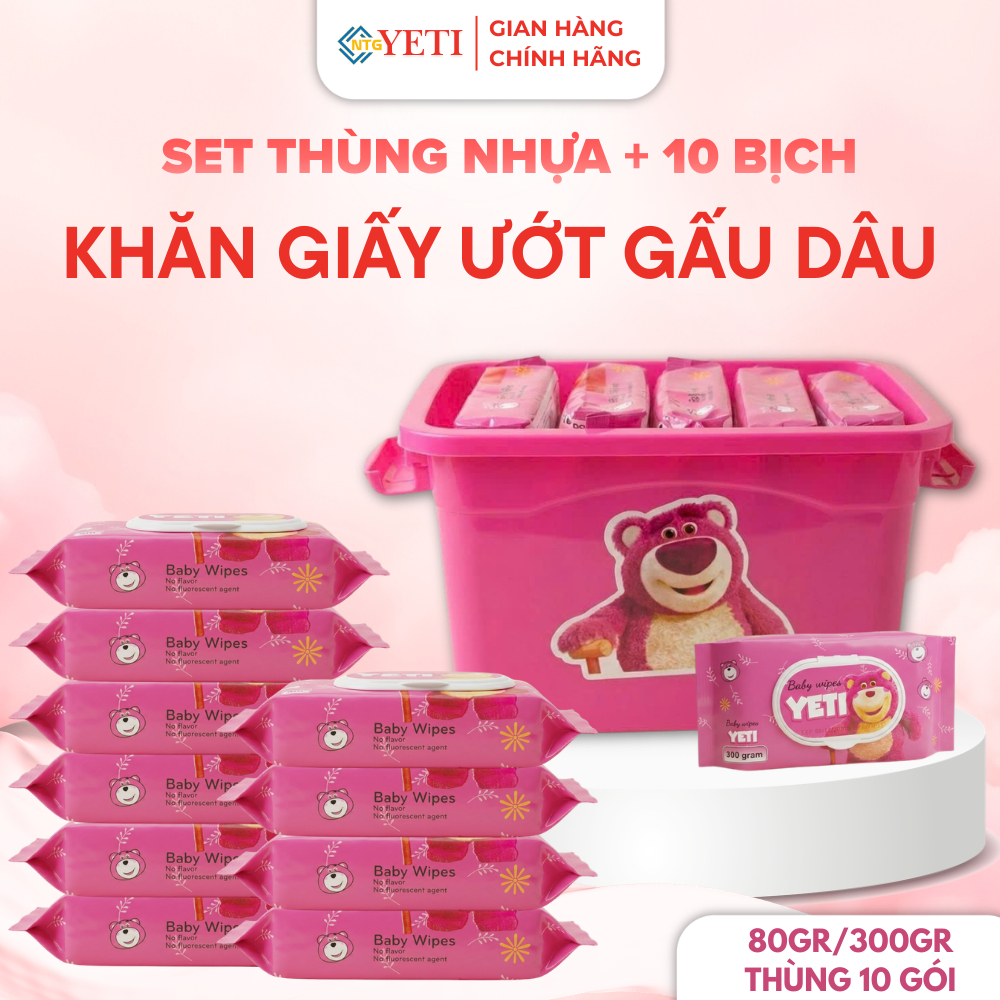 [MÃ GIẢM 10K] Set thùng nhựa kèm 10 gói khăn giấy ướt gấu dâu 80g, mềm mịn an toàn, thiết kế nhỏ gọn và đẹp mắt