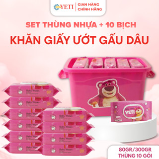 [MÃ GIẢM 10K] Set thùng nhựa kèm 10 gói khăn giấy ướt gấu dâu 80g, mềm mịn an toàn, thiết kế nhỏ gọn và đẹp mắt