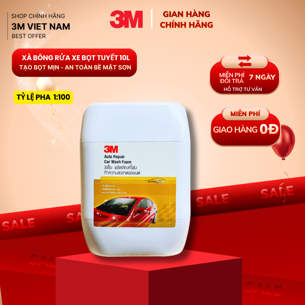 Xà bông rửa xe bọt tuyết can 10Lit  3M Auto Repair Car Wash Foam Nhập khẩu Thái Lan, Tỷ lệ pha 1:100