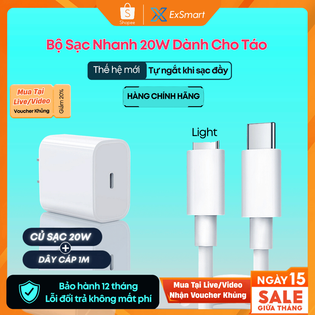 Bộ Sạc Nhanh Chính Hãng 20w/30w Exsmart 6-14PRM Dây Tự Động Ngắt Khi Sạc Đầy Cực Bền Tốc Độ Nhanh Bả