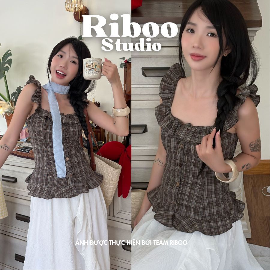 Áo Kiểu Nữ RIBOO Trễ Vai Phối Sọc Caro Siêu Xinh - AO008
