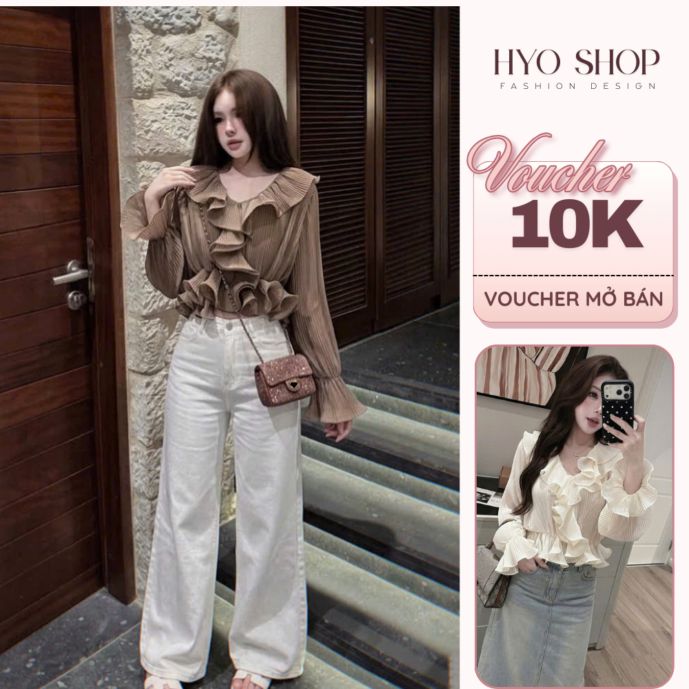 Áo kiểu nữ dập ly bèo nhún tay dài cổ V dáng nữ tính tiểu thư Hàn Quốc - HYO SHOP