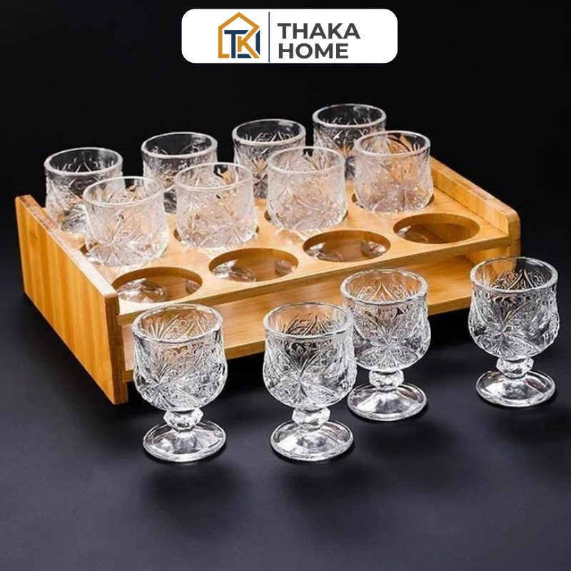 Bộ 12 Ly thuỷ tinh uống rượu 45ml , bộ 6 chén rượu thuỷ tinh hoạ tiết