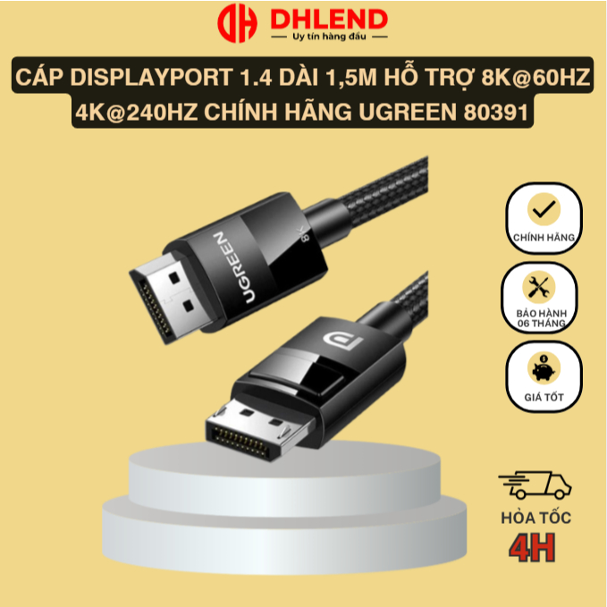 Cáp Displayport 1.4 dài 1,5m hỗ trợ 8K@60Hz 4K@240Hz chính hãng Ugreen 80391