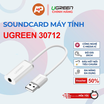 Soundcard máy tính UGREEN 30712 -  Hỗ Trợ Micro & Tai Nghe (TRRS) - Độ dài 20cm - Chính hãng UGREEN