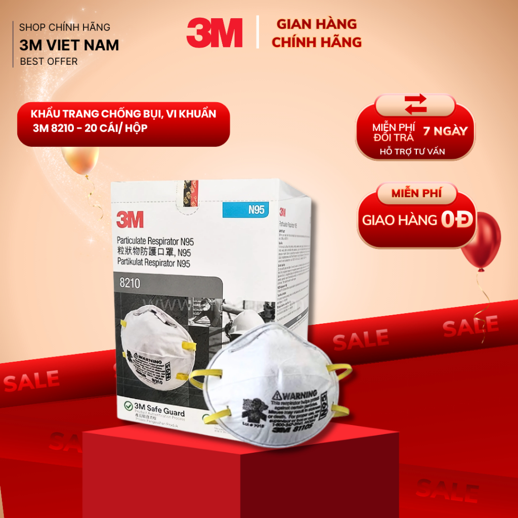 [1 hộp - 20 cái]  Khẩu Trang 3M  8210 Lọc 95% Bụi Mịn PM2.5 & Khí Thải Chuẩn N95