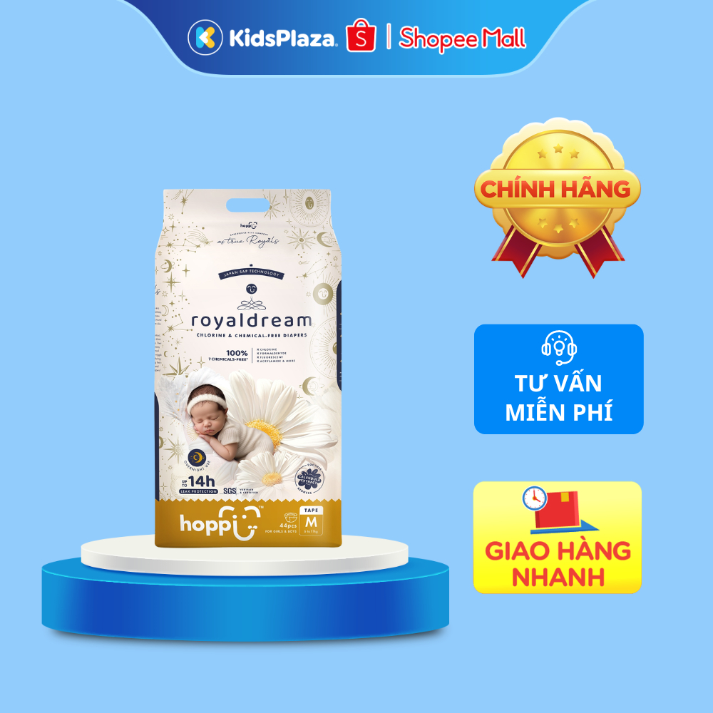 Bỉm - Tã dán mùa hè Hoppi RoyalDream cao cấp size M 44 miếng (cho bé từ 6-11kg)