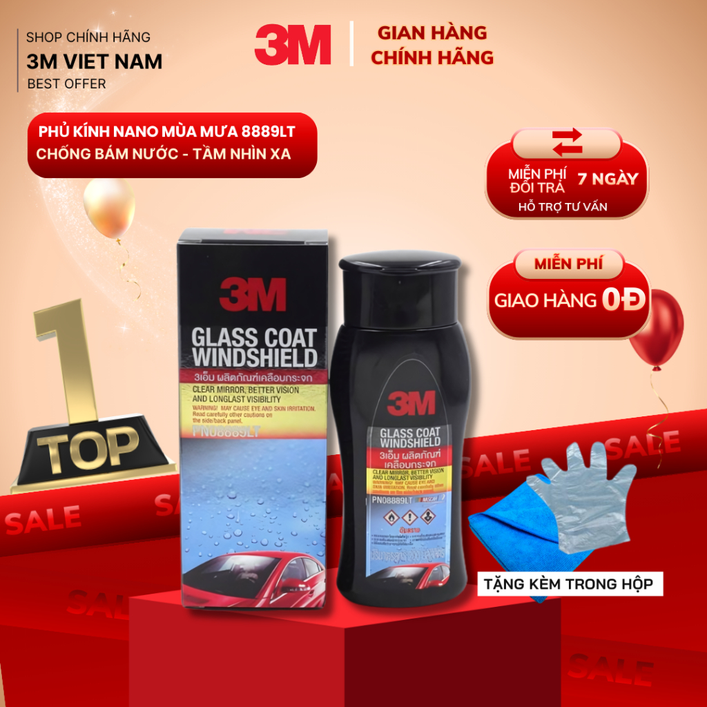 [ TOP BÁN CHẠY]  Chai phủ kính nano chống bám nước, tầm nhìn xa 3M Glass Coat Windshield 3M 08889LT 