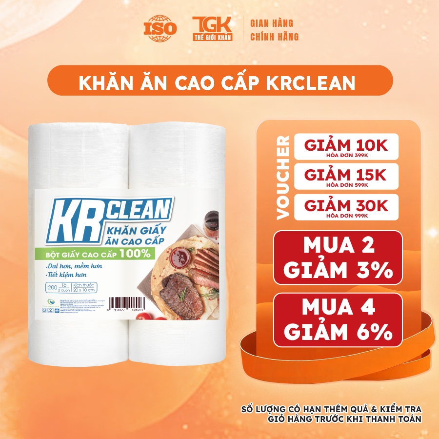 1 cặp Khăn giấy ăn cao cấp Krclean 200 tờ size 20x10, ăn tiệc, nhà hàng không bụi giấy thấm hút tốt