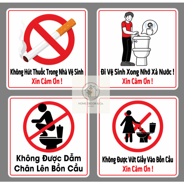 DECAL Nhắc Nhở Trong Nhà Vệ Sinh Decal Cảnh Báo Toilet Nội quy WC Biển WC Dán Kính, Tường, Gạch Men
