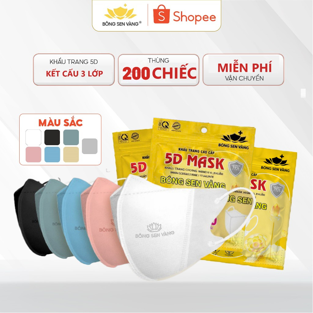 200 Cái Khẩu Trang 5D Bông Sen Vàng