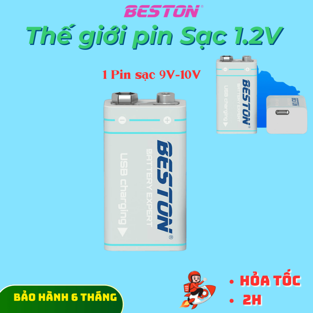 Pin 9V -10V Sạc Type-C Beston 3600mWh 9VC-10CV Lithium dùng cho micro, đồ hồ đo điện,chuông báo