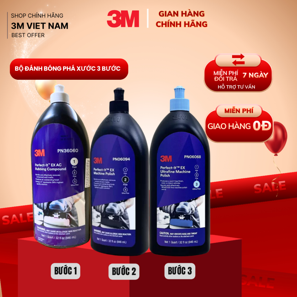 [SSPIC199K - GIẢM 10% ] Bộ 3 chai  Dung dịch đánh bóng 3 bước 3M -36060- 06094- 06068