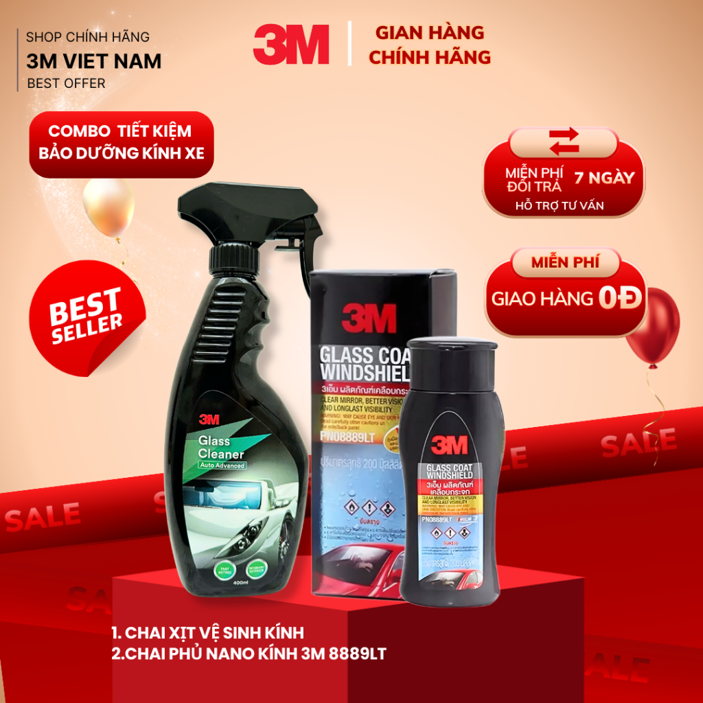 [Combo Tiết Kiệm ] Vệ Sinh Kính Xe Hơi - Phủ Nano Kính Chống Bám Nước Mưa 3M - Chính Hãng