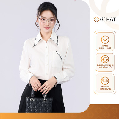 Áo Sơ Mi Nữ 𝐂𝐂𝐇𝐀𝐓 Dáng Suông Lami Cổ Đức Thêu Trang Trí Chất Liệu Cao Cấp 16FDT2002ST