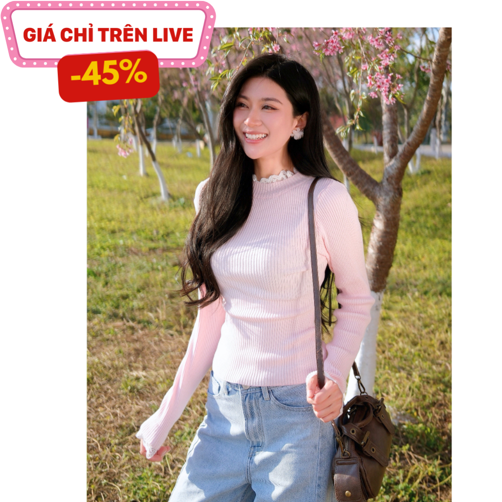 Áo Dệt Kim Tay Dài Cổ Tròn Phối Cổ Ren La Boutique AL001-2510LAB