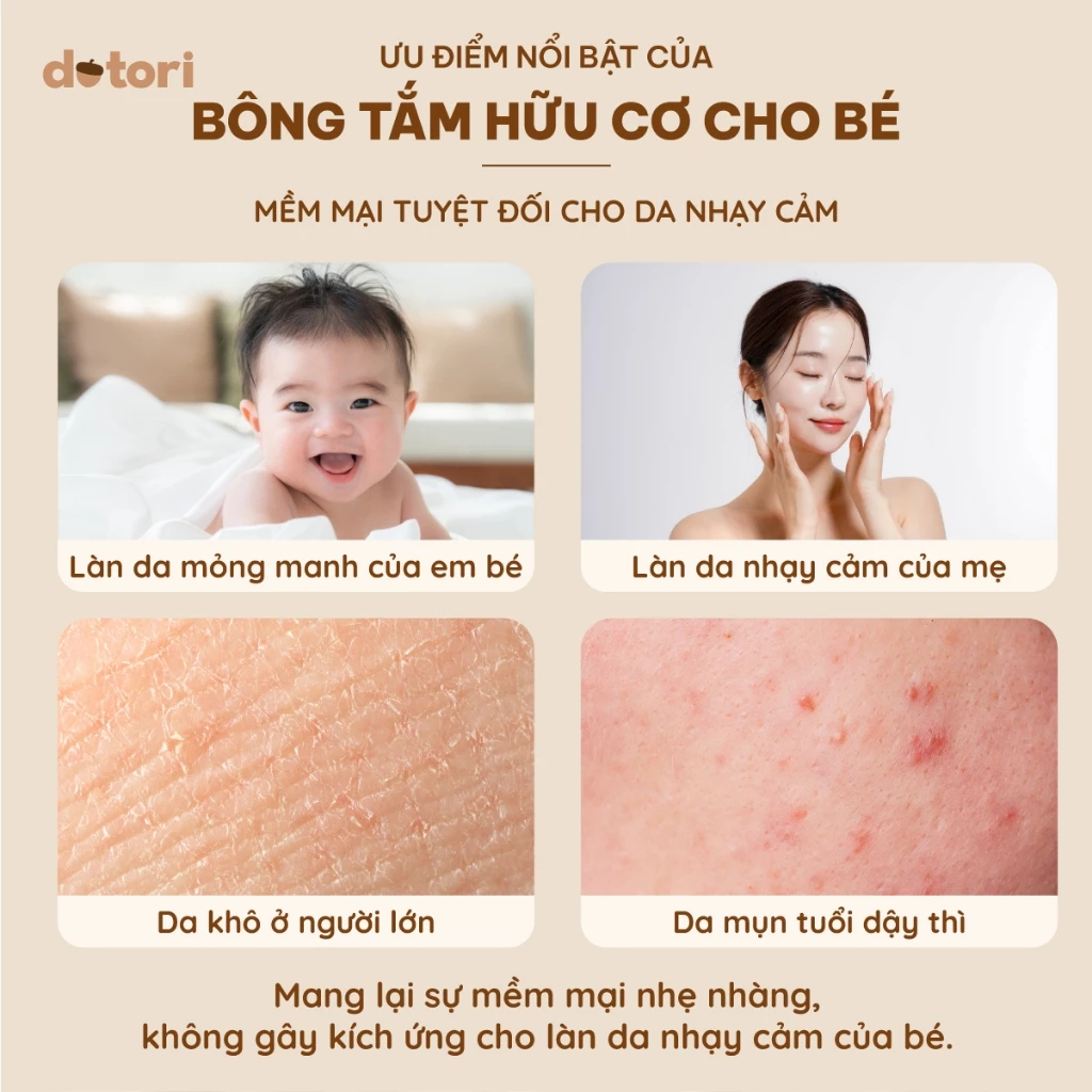 Bông Tắm Bông Rửa Mặt Dotori, chất liệu hữu cơ thiên nhiên, an toàn lành tính với em bé và da nhạy c