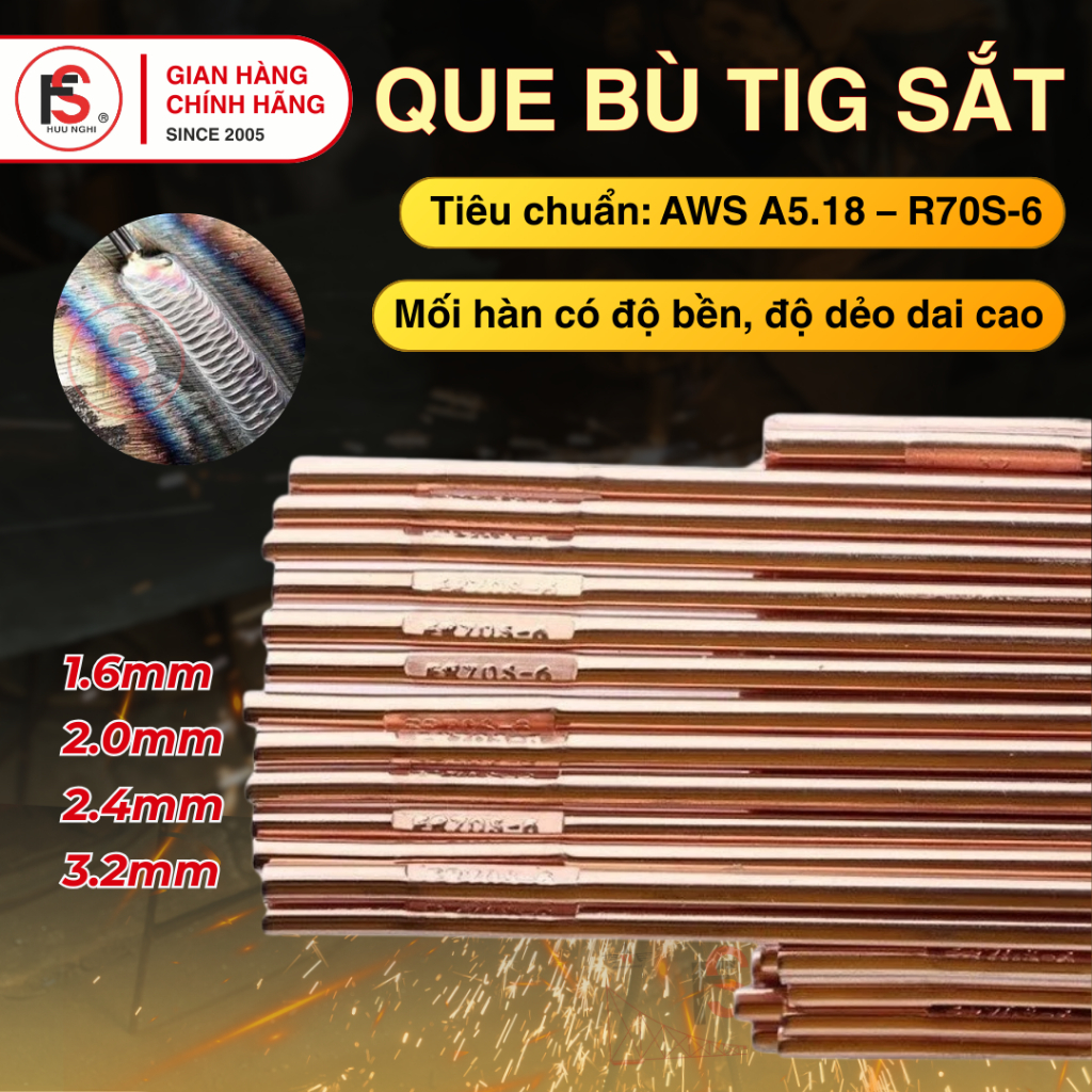 [5 kg] Que Bù TIG Sắt ER70S-6 Cỡ 1.6 - 2.0 - 2.4 -3.2mm Dài 1m, Que Hàn Tig Sắt Dùng Trong Hàn Tig
