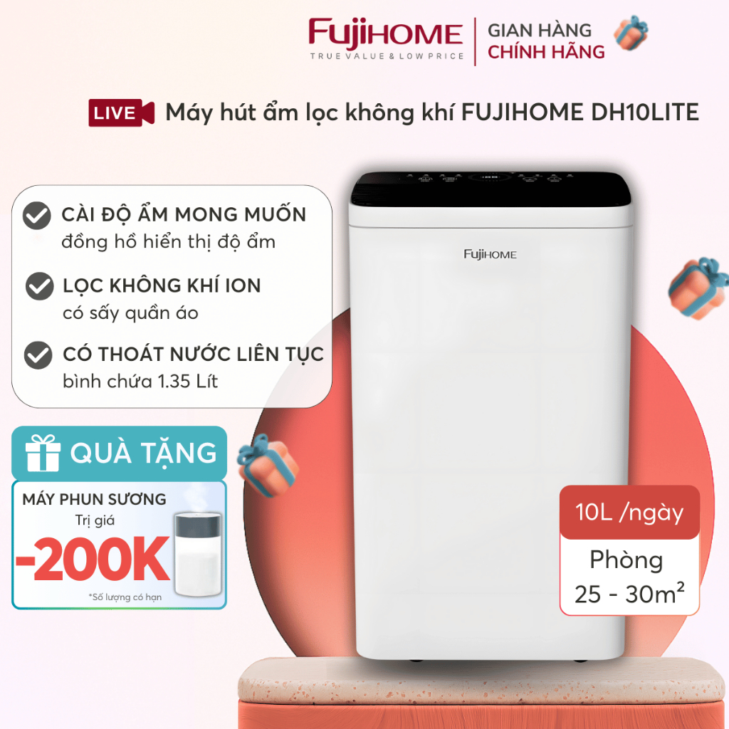 Máy hút ẩm chống nồm ẩm sấy quần áo Ionizer Nhập Khẩu FUJIHOME DH10LITE 10L tiết kiệm điện