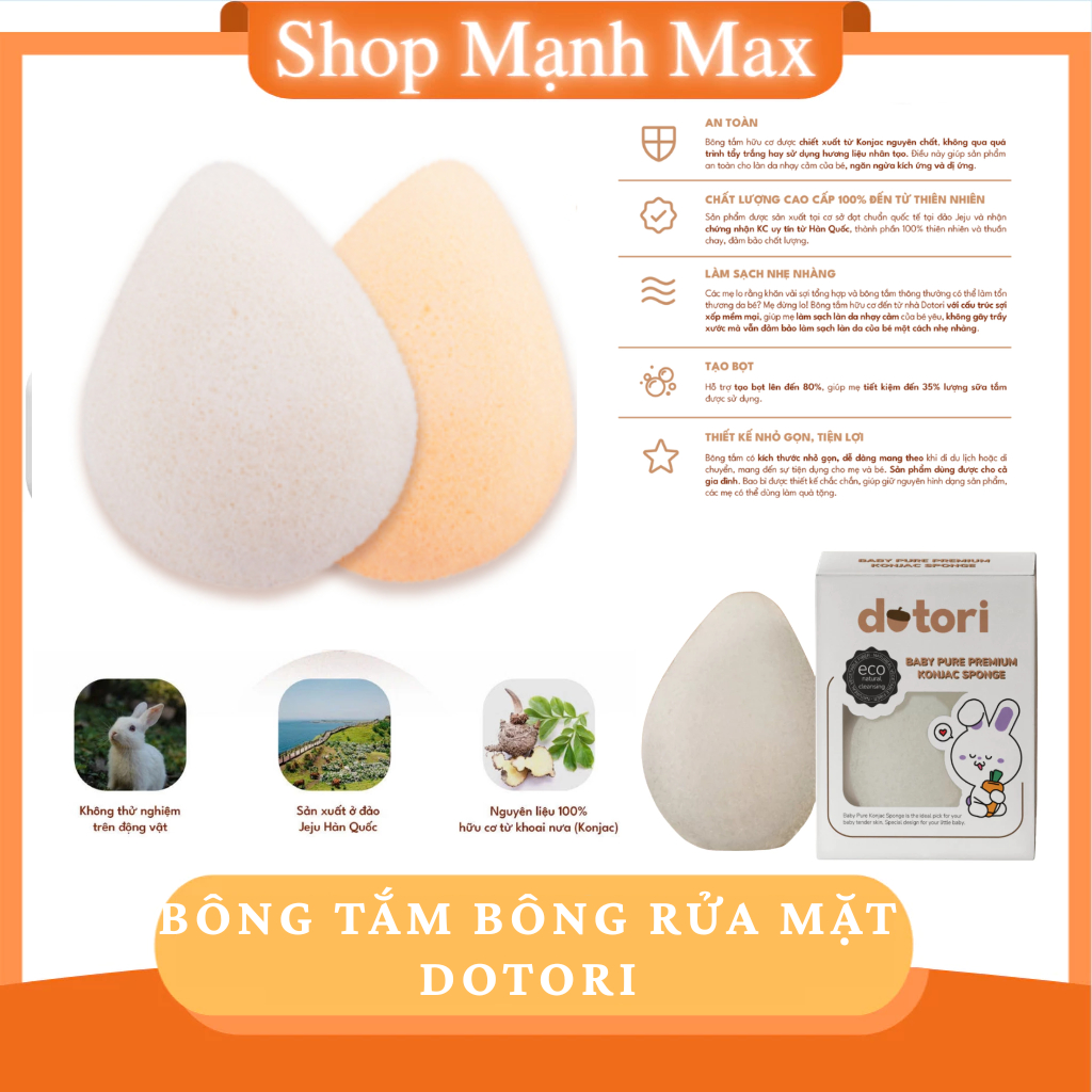 Bông tắm và bông rửa mặt hữu mềm mịn Dotori, hỗ trợ vệ sinh và cân bằng da cho em bé và da nhạy cảm