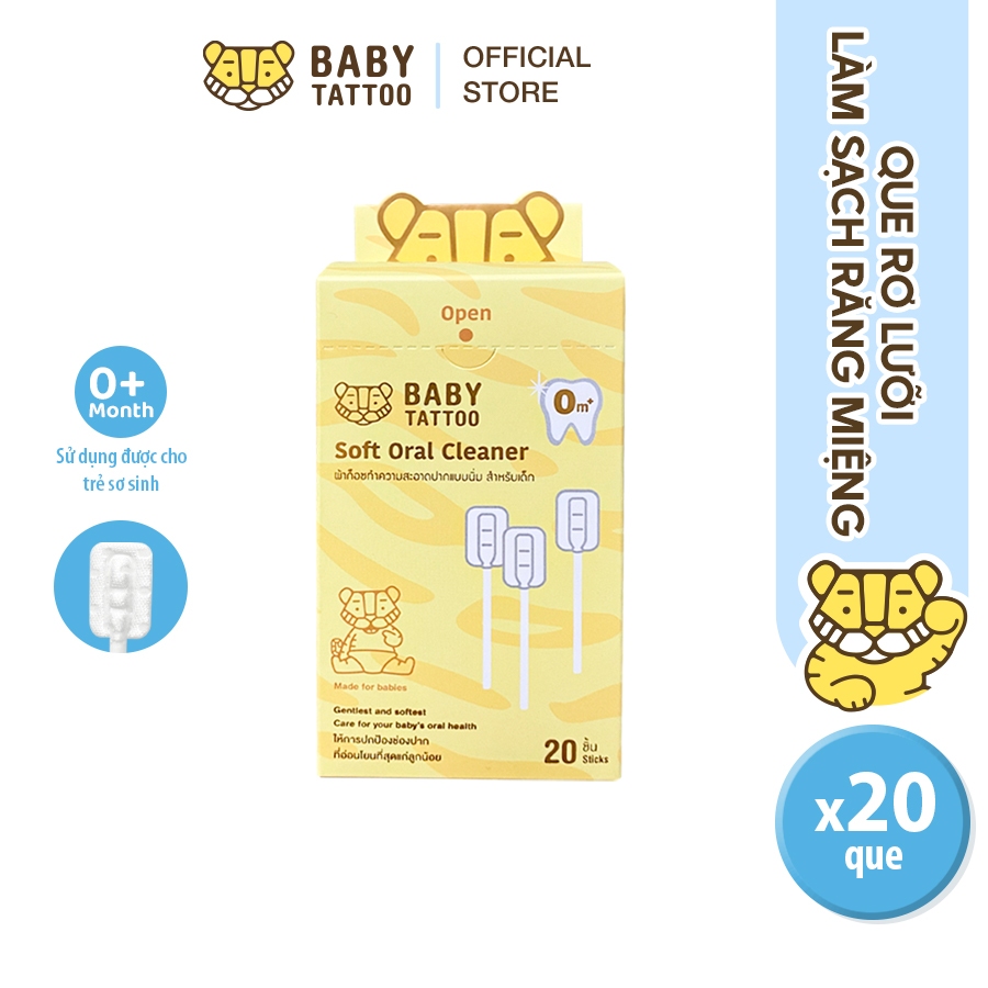 Que Rơ Lưỡi BABY TATTOO, Đầu Que Mini Giúp Làm Sạch Răng Miệng Cho Bé, Thiết Kế Mềm Mại, Hộp 20 Que