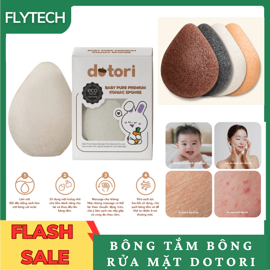 Bông tắm và rửa mặt Dotori, chất liệu thuần chay hữu cơ, an toàn, lành tính cho em bé và da nhạy cảm