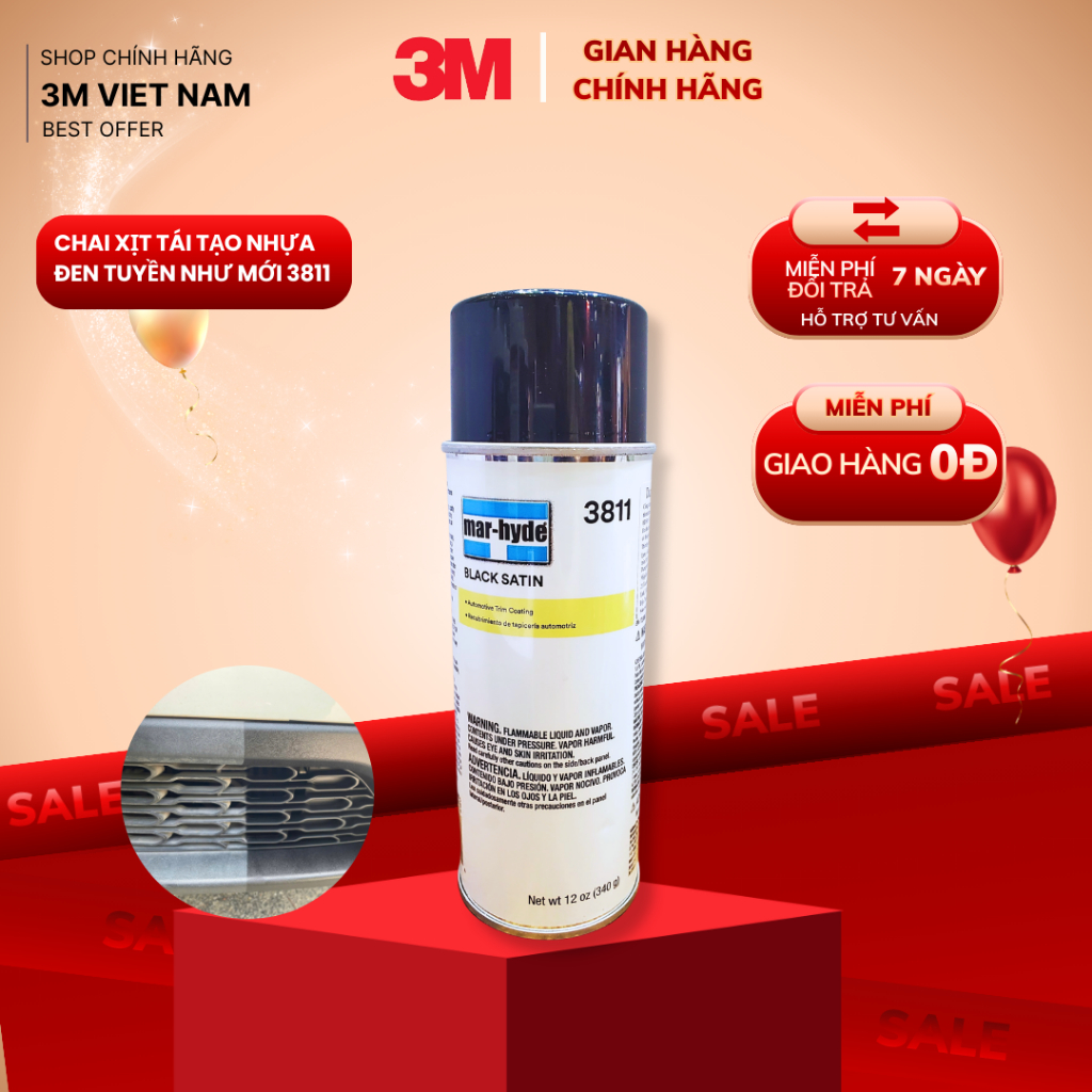 Chai Xịt Phục hồi làm mới nhựa, kim loại màu đen 3M 3811 Mar-Hyde Black Satin