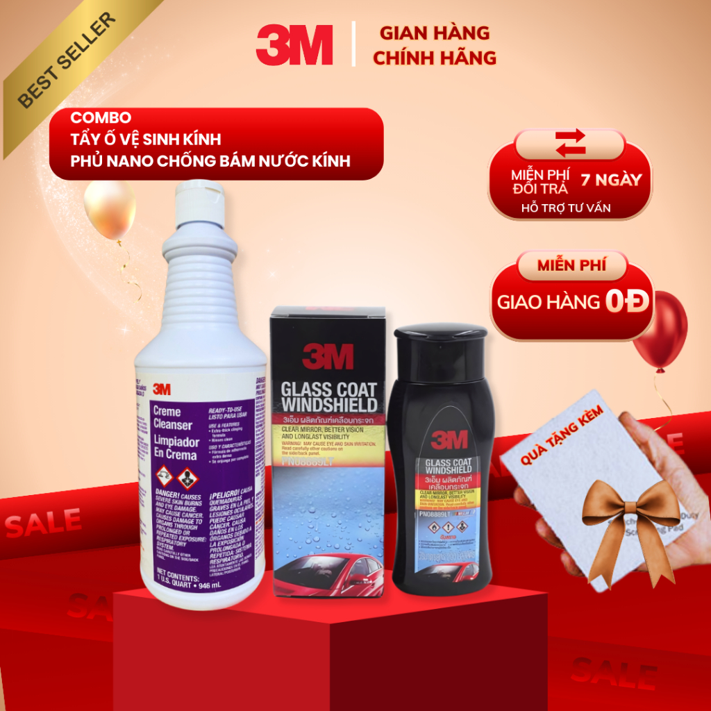 [Combo Mùa Mưa] Bảo Dưỡng Tẩy Ố Kính và Nano Chống Bám Nước kính 3M 8889LT
