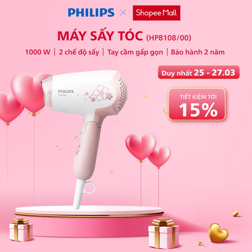 Máy Sấy Tóc PHILIPS HP8108/00, Nhỏ Gọn, Tay Cầm Gấp Gọn Tiện Lợi, Công Suất 1000 W, Bảo Hành 24 Tháng