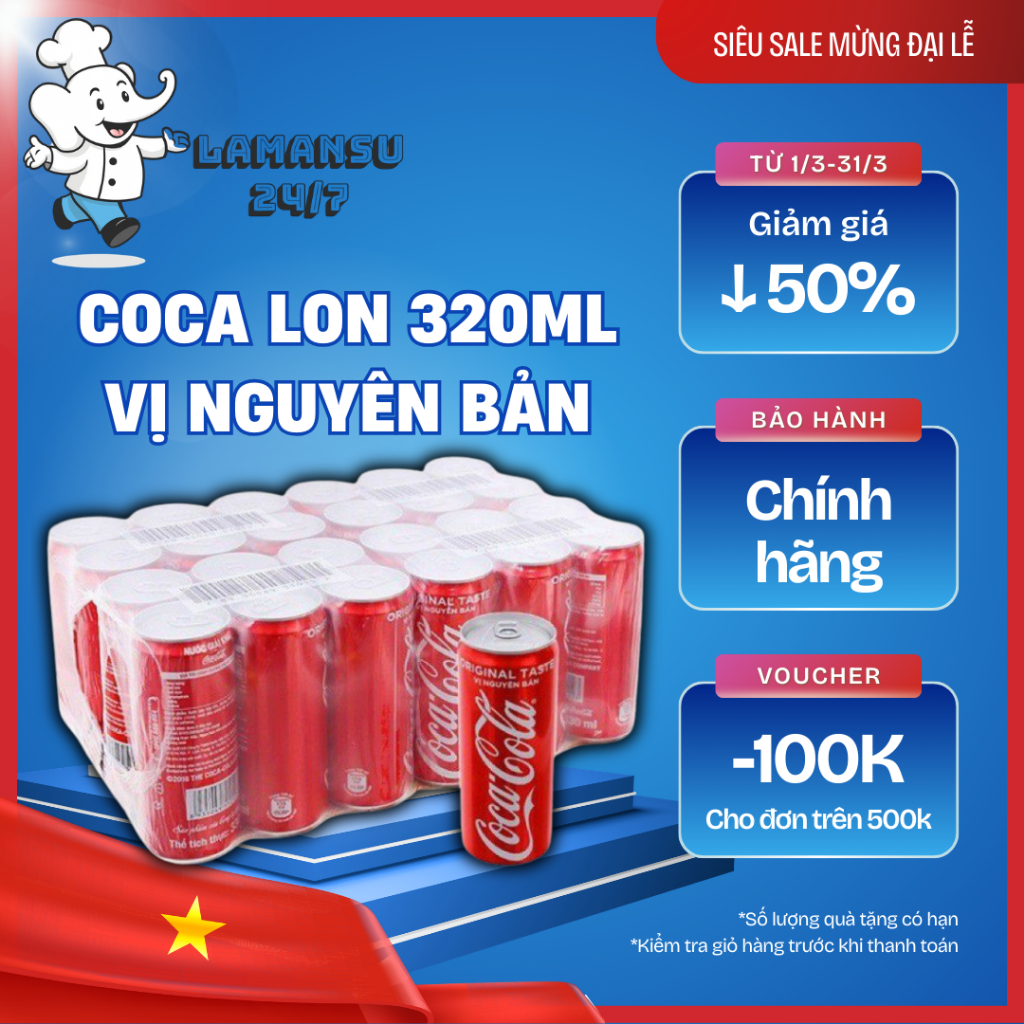 Coca-Cola Lon 320ml | Thùng 24 Lon Nước Ngọt Coca Cola vị nguyên bản | Lamansu247+