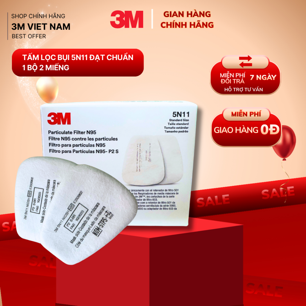 Tấm lọc bụi 3M 5N11 Tiêu chuẩn NIOSH N95, lọc ít nhất 95% - 10 tấm/hộp