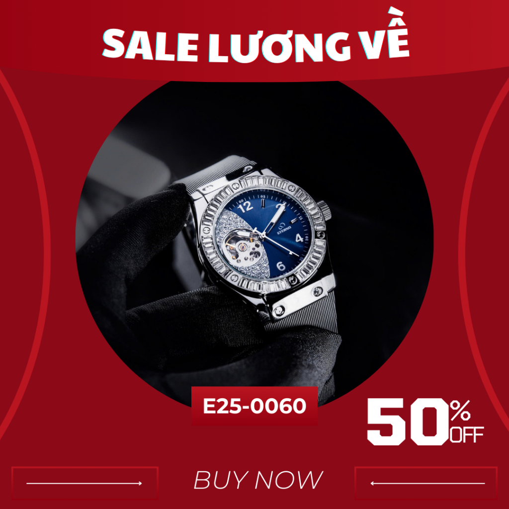 Đồng Hồ Cơ Nam ETERNO E25-0060 Automatic, Dây Cao Su Cao Cấp, Đính Đá Ống Sang Trọng FULLBOX
